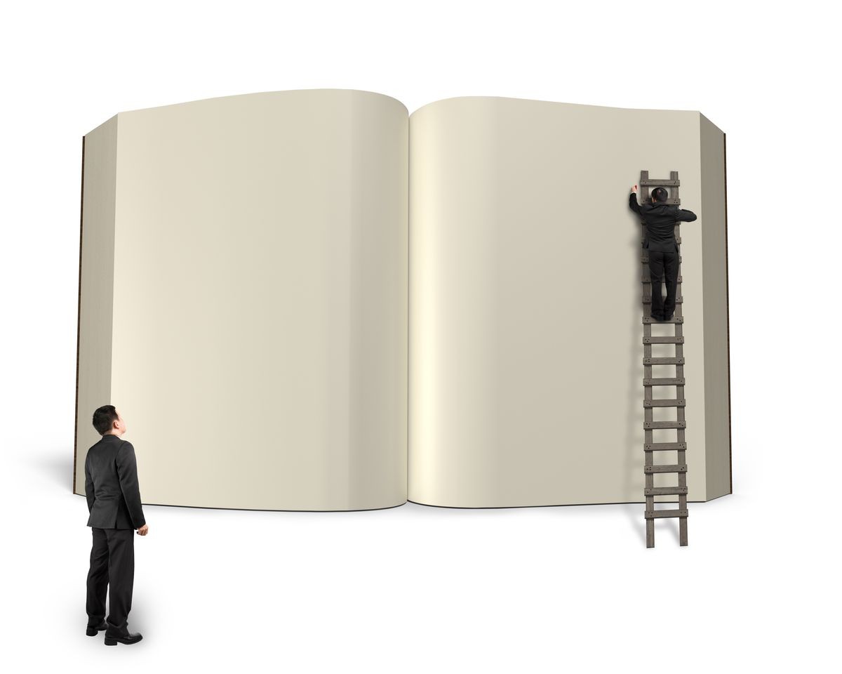 Man on wooden ladder writing opening book with another watching isolated in white background, 3D rendering
